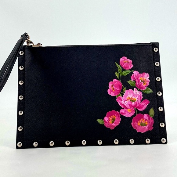 White House Black Market NEW Vegan Leather Floral Studded Wristlet Clutch NWOT - Picture 1 of 9